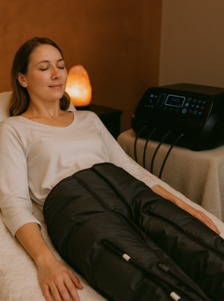Massage thérapeutique avec pressothérapie pour la détente corporelle Séance de massage thérapeutique avec pressothérapie favorisant la relaxation et le bien-être